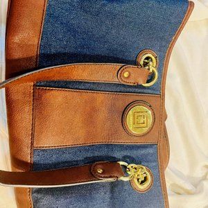NWT Denim & Genuine Leather Shoulder Bag with Gold Hardware Classic Style